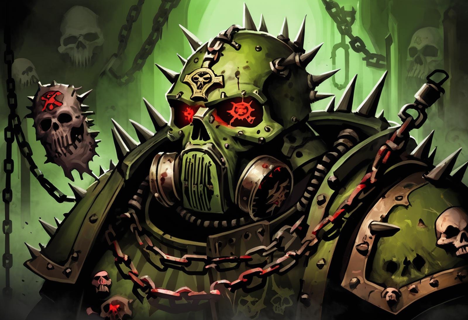 A digital painting of the iconography of the Death Guard, a traitorous Space Marine chapter dedicated to the Chaos God Nurgle. The iconography is a skull with a respirator and red glowing eyes, surrounded by spikes, chains, and other symbols of Nurgle. The background is white. By Gwayne Li.