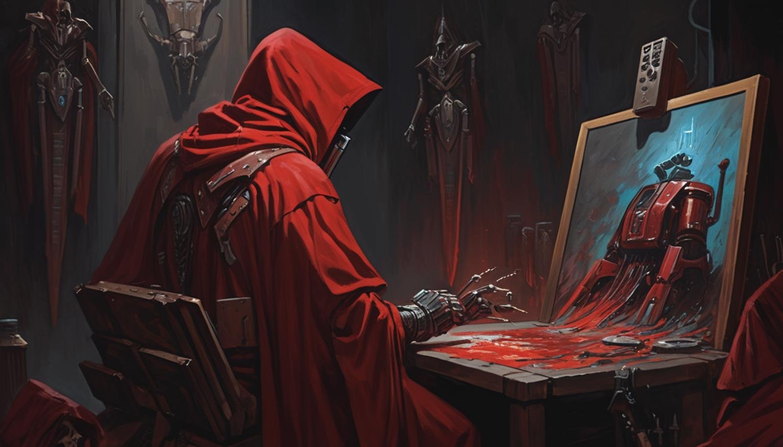 A painting from the back of a (Tech Priest) who is sitting by himself in dimly lit room, in the middle of painting. The Tech Priest is wearing a red robe with a hood and has a bunch of mechadendrites coming out of his back and head. In front of him is a canvas with an image of a toaster on it. The painting is taking place in a dark gothic styled room. 