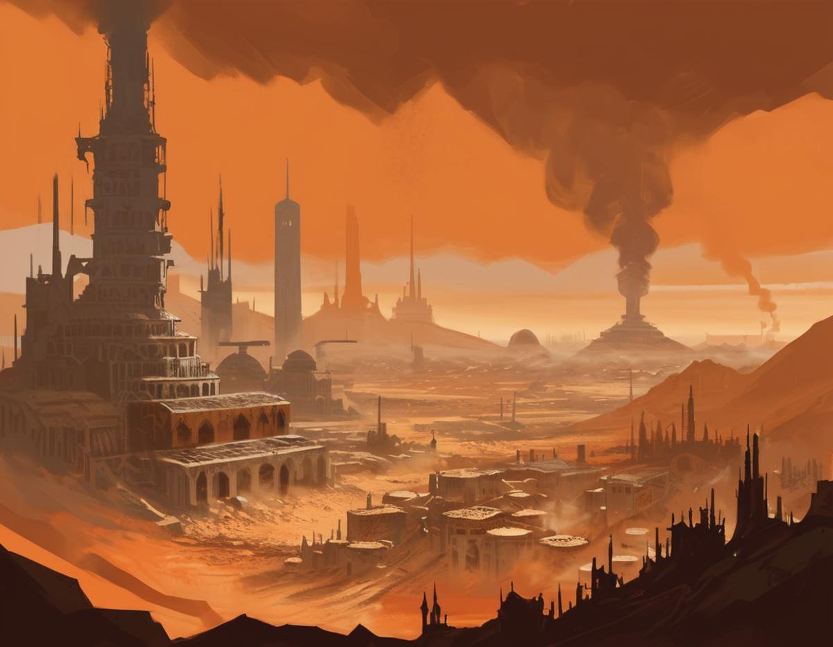 A digital painting of a Hive City in the Ash Wastes. The foreground is a desert with a large pipe running through it. The Hive City is in the background with a large tower and several other buildings visible. The sky is orange and there are clouds of smoke in the air. By Samuel Allan.