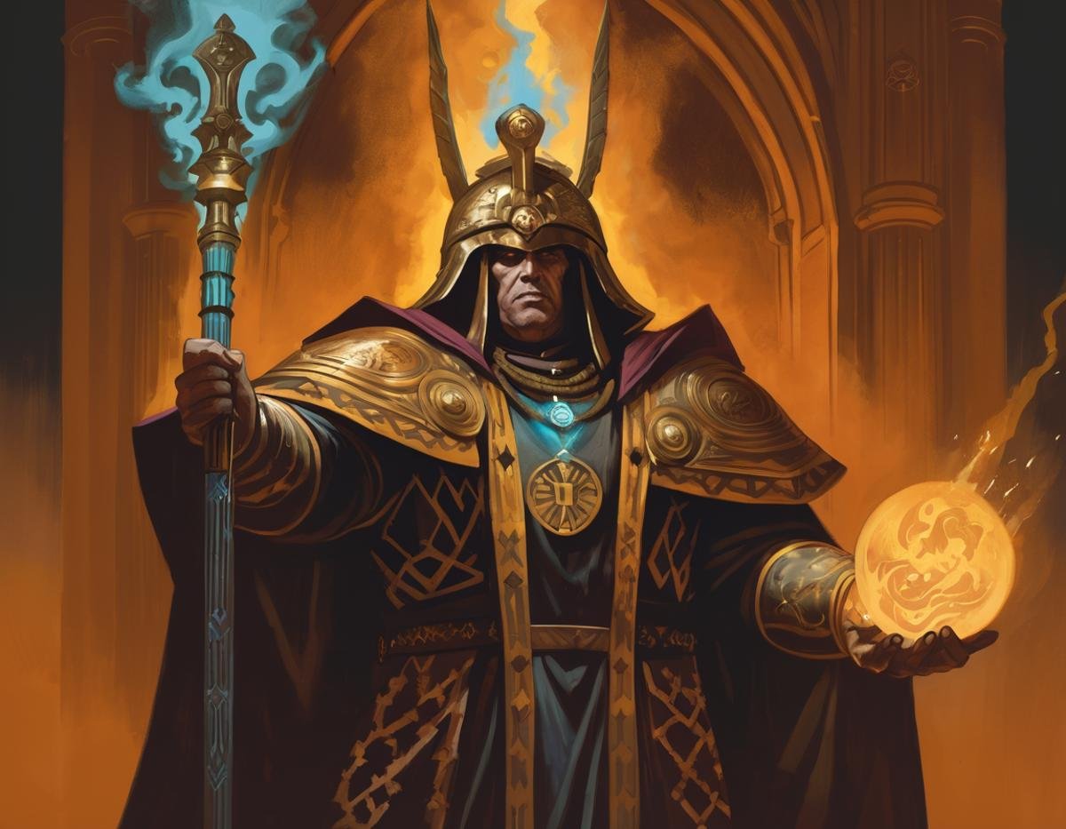 A digital painting of (Sanctioned Psyker) from the Warhammer 40k universe. He is standing in a dark room, surrounded by arcane symbols, he is wearing ceremonial robes and a large ornate helmet, his eyes are glowing with psychic energy, and he is holding a staff in his hands. By Miguel Iglesias.