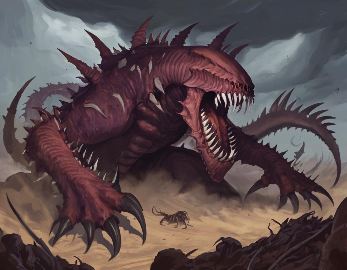 A digital painting of a giant Tyranid Mawloc. The creature is depicted as a massive, serpentine monster with a gaping mouth filled with sharp teeth. Its body is covered in chitinous armor and it has a long, spiked tail. The Mawloc is shown emerging from the ground, its body surrounded by clouds of dust and debris. In the background, a hive city can be seen in the distance. By Sevra.