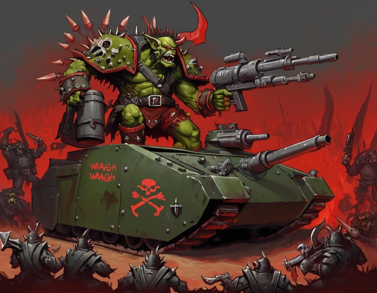 A digital painting of an Ork Warboss standing on top of a tank. He is surrounded by Gretchin and armed with a large gun. The Warboss is wearing a suit of black armor and has a large Mohawk. He is standing on the deck of a large tank, surrounded by Gretchin. The tank is painted red and has a large cannon on the front. The background is a dark, rusty metal wall with the word "Waaagh!" written in red letters. By Nikita Shalaginov.