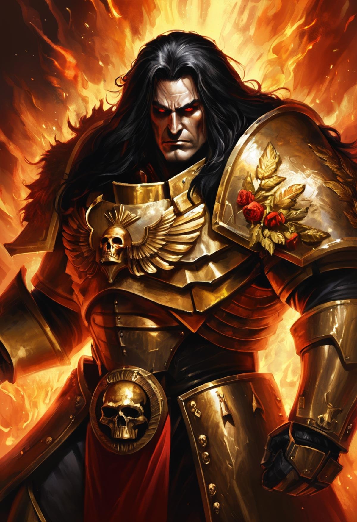 An epic digital painting of the Emperor of Mankind from Warhammer 40k. He is depicted as a handsome man with long black hair and piercing red eyes. He wears golden power armor and a laurel wreath. The background is a bright light. portrait, grimdark, centered, gritty, textured, extremely detailed, atmospheric, emotional, captivating, mythical and enchanting, surrounded by colorful ethereal flames, [warp energy],By Boru D Brian.