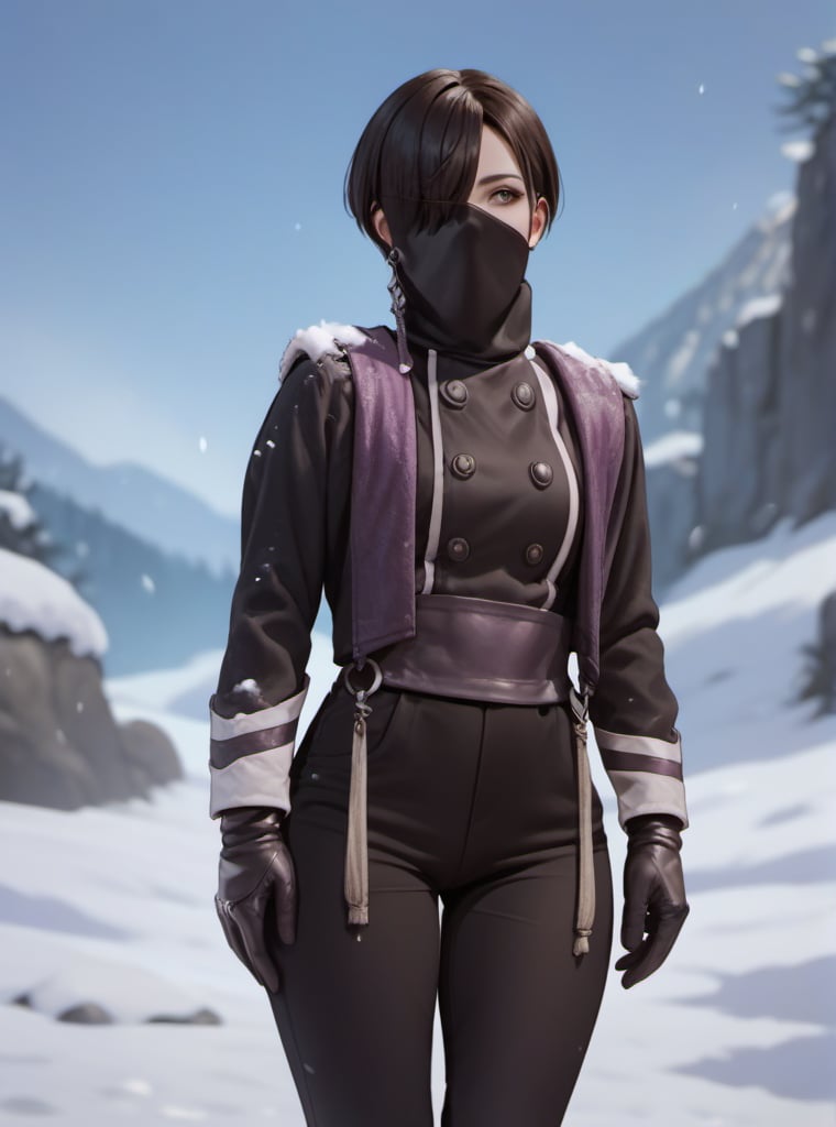  score_9, score_8_up, score_7_up, score_6_up, score_5_up, score_4_up score_9,score_8_up, 1girl, kingritaskip, short hair, hair over one eye, black outfit, high collar, facemask, black pants, black gloves, outside, snow, rocks, shexyo, anime,