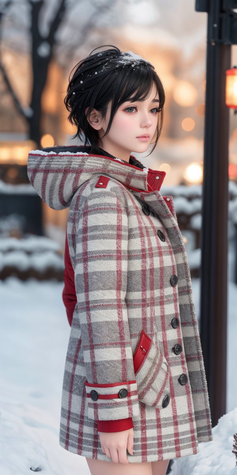  A short-haired girl standing in the snow, Red Coat, head up, breeze blowing hair, snow, snowflakes, depth of field, telephoto lens, messy hair, (close-up) , (sad) , sad and melancholy atmosphere, reference movie love letter, profile, head up, ((floating)) bangs or fringes of hair, eyes focused, half-closed,
more detail , less detail, 