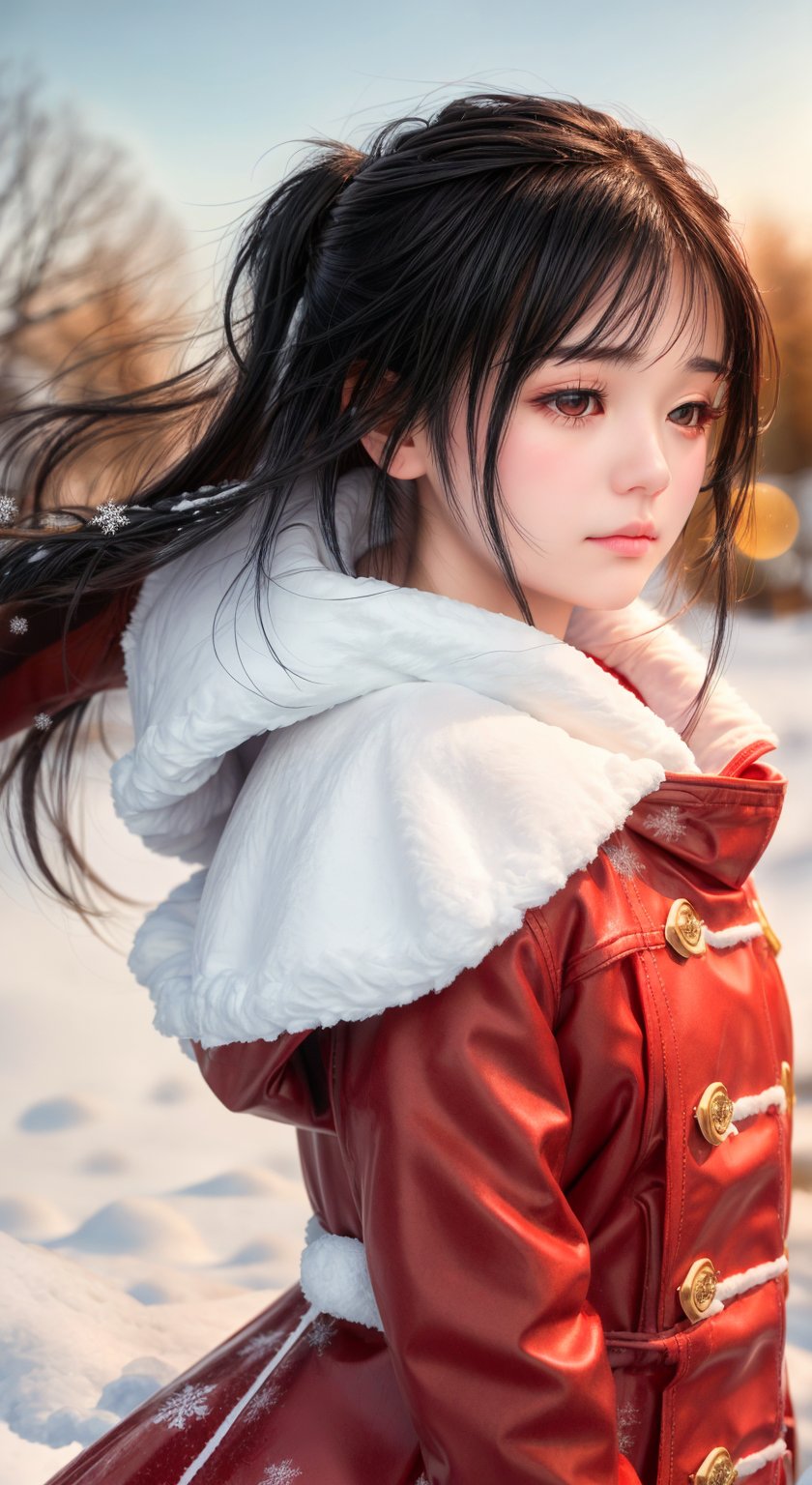  A long-haired girl standing in the snow, Red Coat, head up, breeze blowing hair, snow, snowflakes, depth of field, telephoto lens, (close-up), (sad) , sad and melancholy atmosphere, reference movie love letter, profile, head up, ((floating)) bangs, eyes focused, half-closed, 