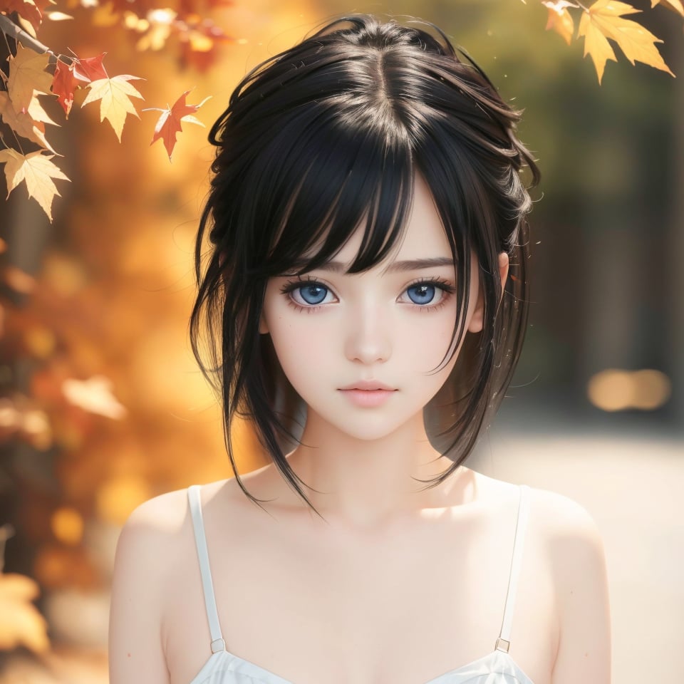 (8k, best quality, masterpiece:1.2),(best quality:1.0), (ultra highres:1.0), a beautiful girl, bangs,  hair ribbons, by agnes cecile, from head to waist, extremely luminous bright design,autumn lights, long hair,  big eyes, amazing eyes, details eyes,