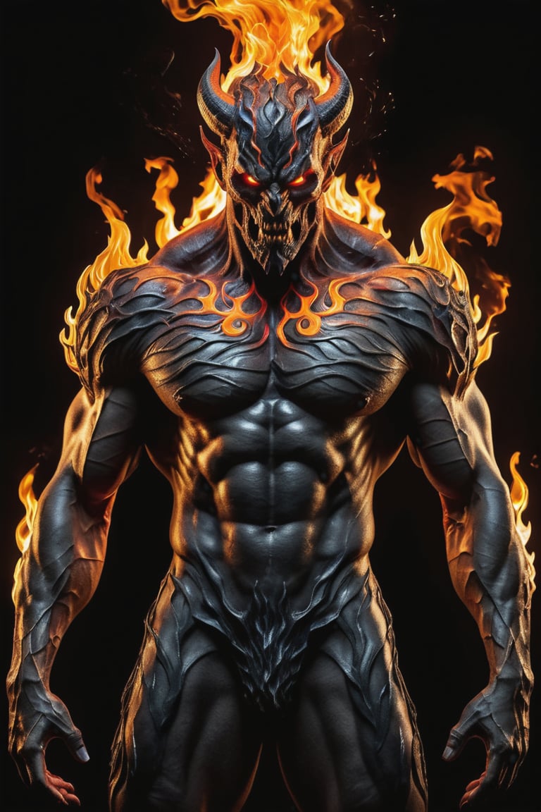 (full body), (12K, RAW photo, highest quality), hyperrealistic, intricate abstract, intricate artwork, abstract style, striking portrait, menacing, otherworldly creature, demon:darkness:, flames:magma, with swirling flames cascading from its body, fearsome power and ethereal presence, non-representational, colors and shapes, expression of feelings, imaginative, highly detailed, extremely high-resolution details, photographic, realism pushed to extreme, fine texture ultra-detailed, high quality, high contrast, ultra high quality model, insane details, dark shot, (brilliant composition)
