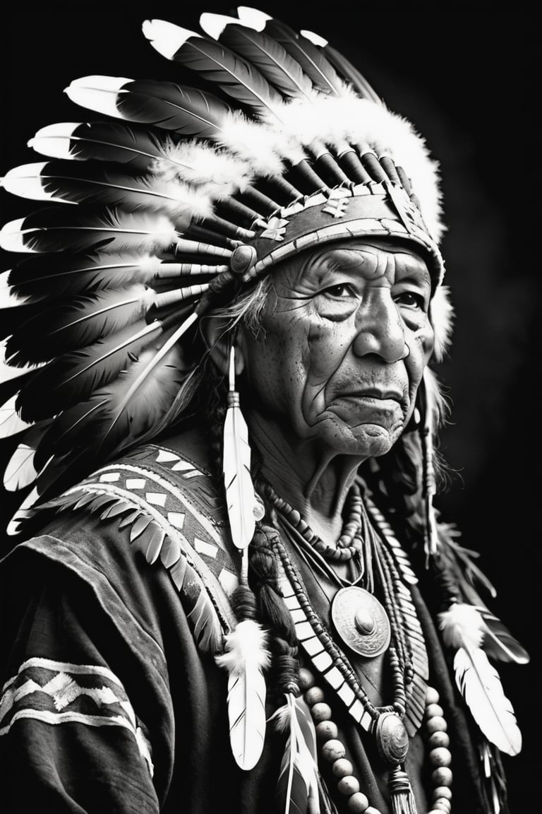 Photorealistic, (Rembrandt style), (dramatic shadows), (grayscale) portrait of a native american old man, face, bold black outlines, extreme detailed clothes and accesories, war helmet with eagle feathers, dark shot, monochromatic, haunting, defeated, highly detailed, Indigenous, ethnic, native american, backlighting, traditional patterns, dark background, bold, looking away,high contrast, (muted highlights), (extreme detailed eyes and face), highly detailed, 8k, insane details, (brilliant composition)