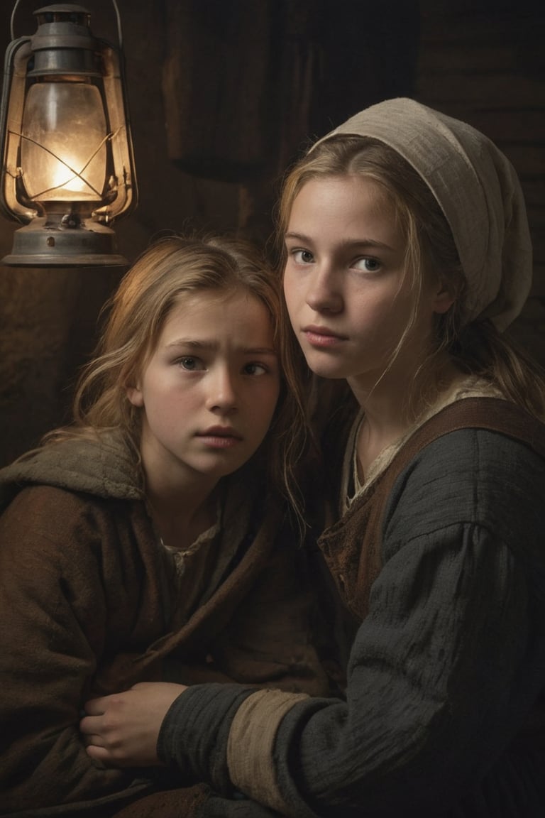 (deep emotion), In this majestic oil painting, 2girls, poor 10-year-old blonde peasant girls from 12th century rural Europe are depicted with an air of melancholy inside of their poor hut. Wearing tattered clothes, The night's dark hues and stars pierce through the clouds, casting a somber mood. Their finely detailed face, rendered with ultra-realistic precision, exudes sadness and unhappiness, drawing the viewer's gaze to her serene features. The textured brushstrokes add depth and dimensionality, as the composition guides the eye towards the subject's introspective expression., dramatic shadows, dark shoot, muted colors, dark night, the light from a lantern with a candle,darl shot, dramatic shadows, (Rembrandt style)