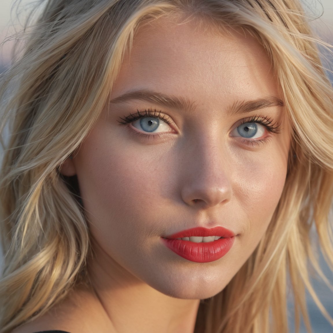 1girl,  close up photo of 18 years old girl, macro shot, (sharp shot), ultra sharp, focus on eyes, (natural skin texture, hyperrealism, soft light, sharp), sunset, (ultra macro) innnocent smile,  blonde hair, (face only on frame), (blue eyes, red lips, eyeliner, smaky eyes, eyebrow pencil, creative professioinal makeu)p, (high quality), (ultra detail), (high resolution), (masterpiece), (complex and beautiful), nsfw, (exquisitely beautiful), (long blond messy hair, side bangs), (finely detailed beautiful blue eyes and detailed face), (hyperrealism, 8k, extremely_detailed) photorealistic, hyperrealistic, high definition, cinematic, UHD, insane details