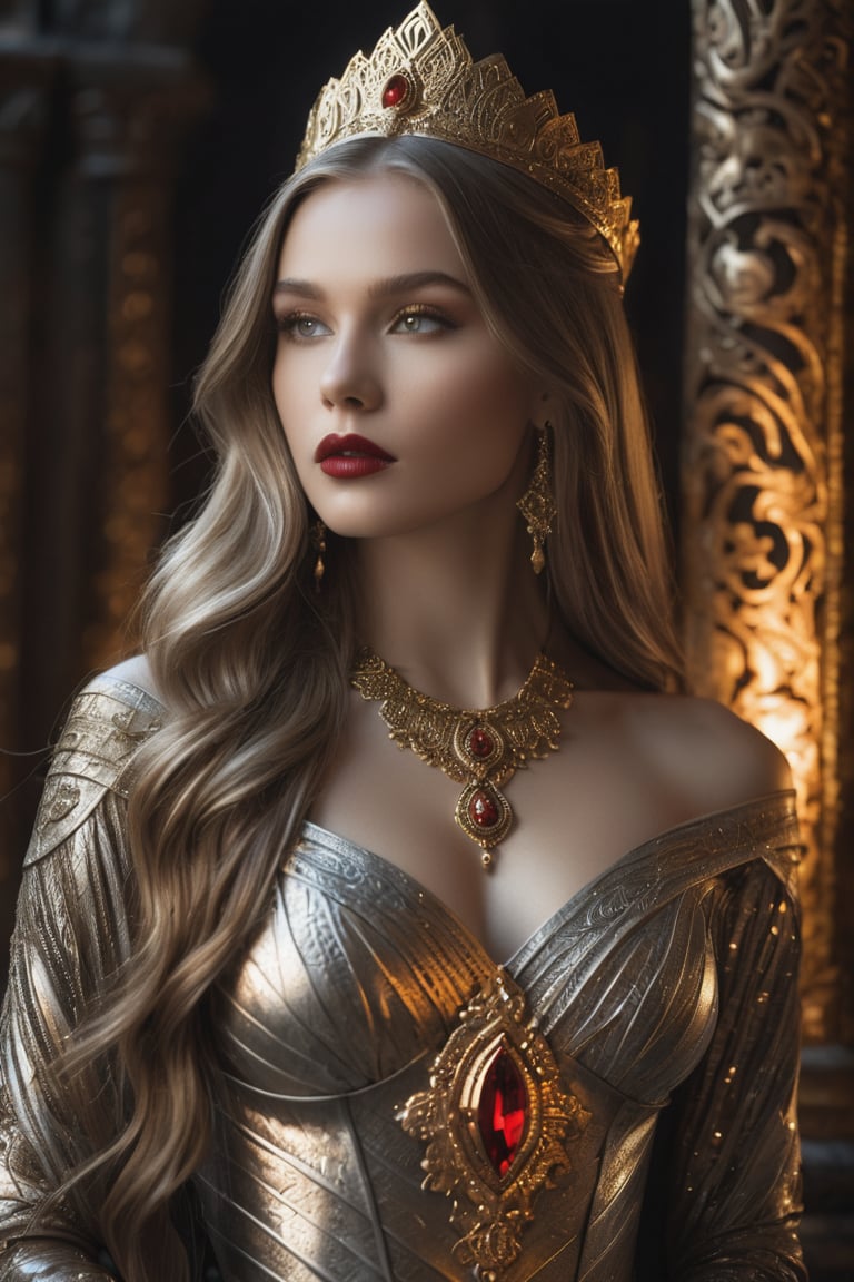 A stunning upper-body view of a 18-year-old fantasy priestess, bathed in a mesmerizing monochrome bronze color palette. She wears an ornate, detailed dress with silver 3D mystic fragments, her long straight hair cascading down her back like a river of gold. Her breathtaking eyes seem to pierce through the darkness, surrounded by intricate details and textures that draw the viewer's attention. Lips painted a deep red add a pop of vibrancy to the otherwise muted tones. The background is illuminated by chiaroscuro lighting, casting an otherworldly atmosphere. Fine fantasy art masterpiece, inviting the audience into its mystical realm.