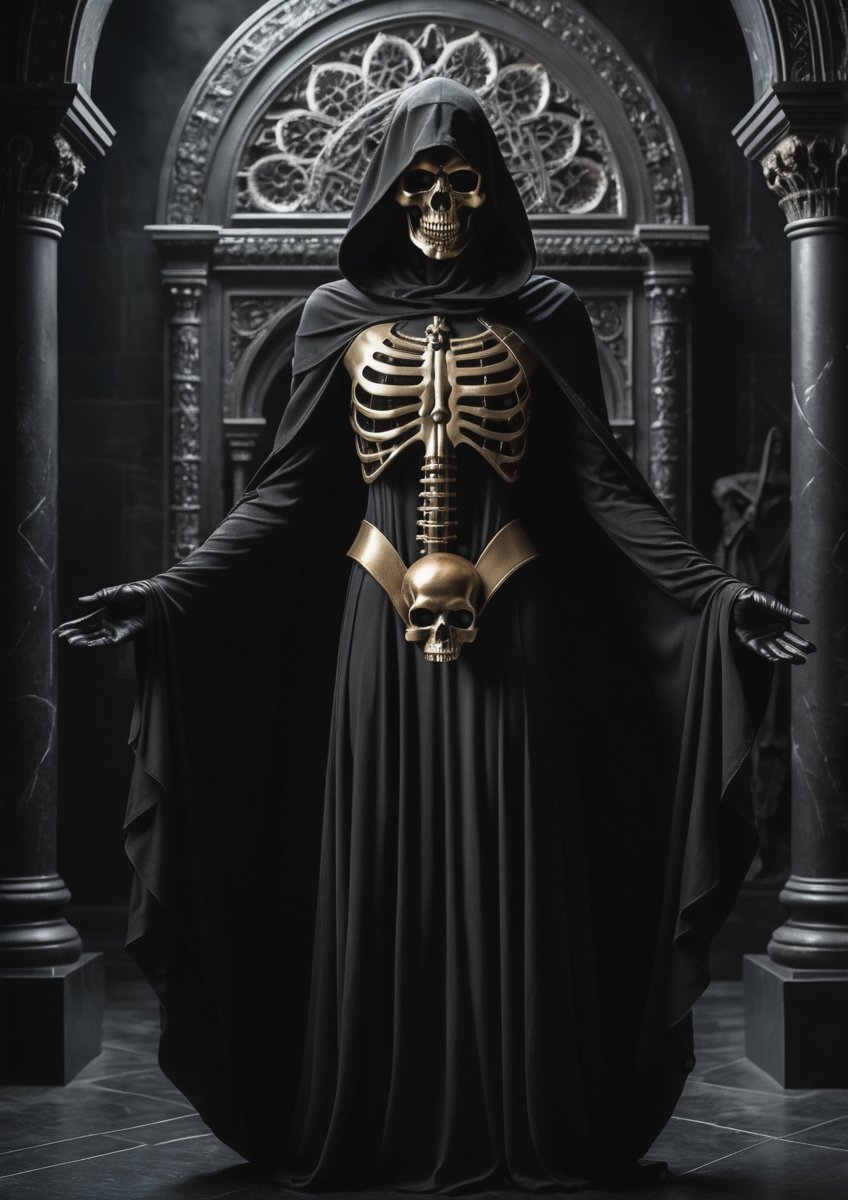 (full body), (dynamic pose), (bronze monochrome color palette), a majestic figure with skullhead stands tall, shrouded by a black hood that seems to devour the surrounding darkness. The skulhead's eyes gleam with an otherworldly intensity as they gaze into the abyss of necromancy. Prophetic whispers dance on their lips, set against a gothic backdrop of twisted, abstract fragments. In stunning 12K resolution, every fold of ornate clothing and intricate background detail is rendered in breathtaking realism. The high-contrast lighting plunges the scene into darkness, drawing the viewer's eye to the mysterious figure at the center of this eerie, prophetic realm. 