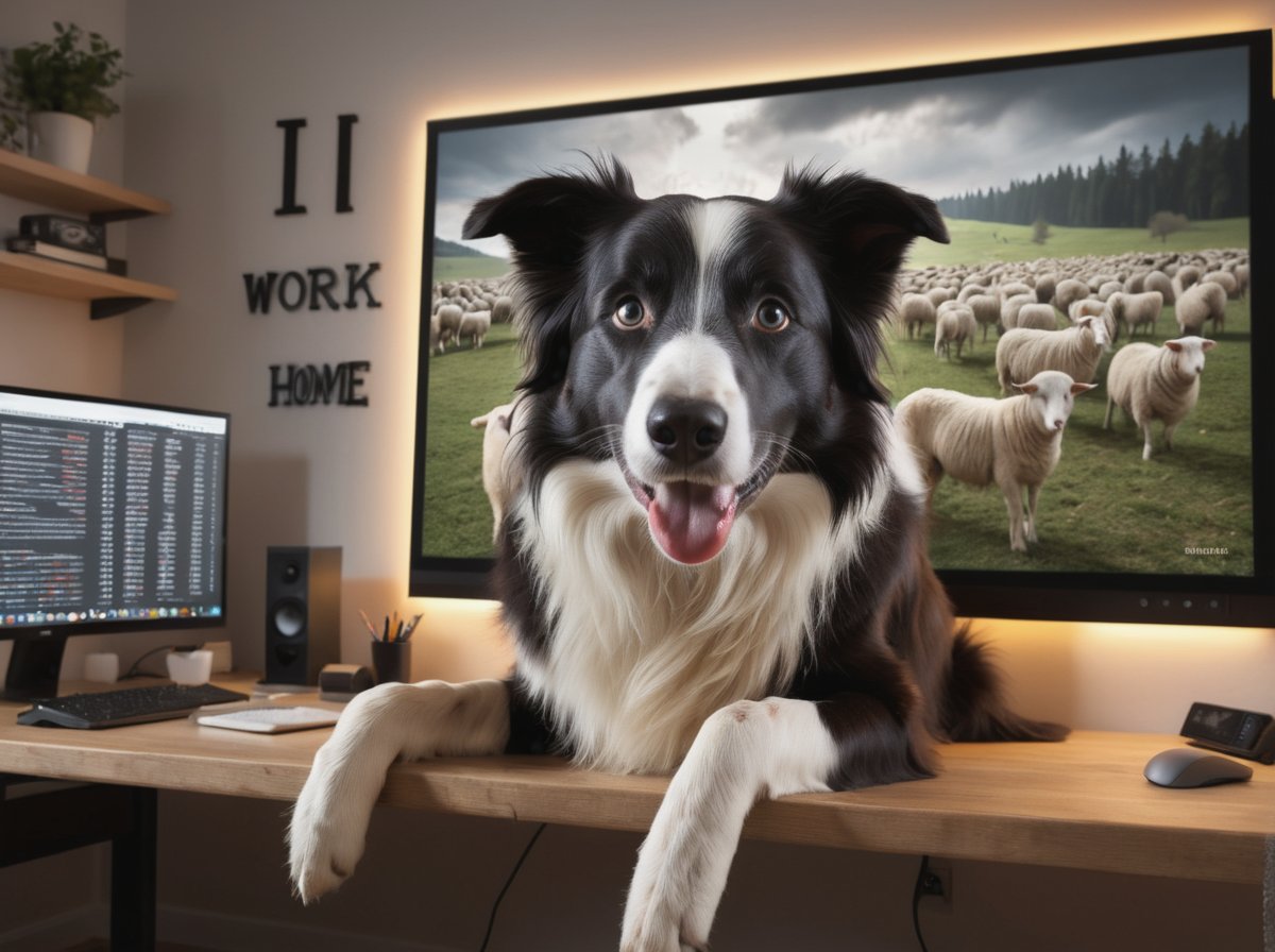 a gorgeous Border Collie closely supervises a huge monitor on which a huge herd of sheep can be seen,  (a painting with led 3d letters on the wall in shape of) ((text "I WORK FROM HOME")) , insane details, (masterpiece, high quality, 8K), beautiful composition, cinematic lights, best lightning, best shadows,
