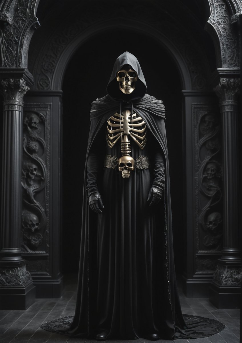 (full body), (dynamic pose), (bronze monochrome color palette), a majestic figure with skullhead stands tall, shrouded by a black hood that seems to devour the surrounding darkness. The skulhead's eyes gleam with an otherworldly intensity as they gaze into the abyss of necromancy. Prophetic whispers dance on their lips, set against a gothic backdrop of twisted, abstract fragments. In stunning 12K resolution, every fold of ornate clothing and intricate background detail is rendered in breathtaking realism. The high-contrast lighting plunges the scene into darkness, drawing the viewer's eye to the mysterious figure at the center of this eerie, prophetic realm. 