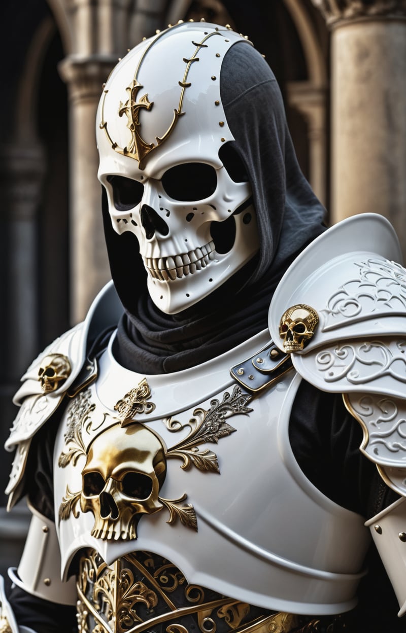 Photorealistic, skeletton knight, (extremely ornate white porcelain armour), fantasy artwork, abstract fragments, (skull head with black hood on), (bright golden eyes), dark messy gothic background,  (complex ornated white porcelain armor inlaid with 3D rendering golden gothic insane details) and (oversized shoulder armor), realistic_fantasy, ghost phantom effect, gothic references, (realism pushed to extreme), (newest ai-generated), ultra-detailed, best shadow, (urban surrealism), (fine digital artwork), high contrast, (best illumination, extremely delicate and beautiful), (muted highlights), (dark white and dark gray), highly detailed, 8k, insane details, (brilliant composition)