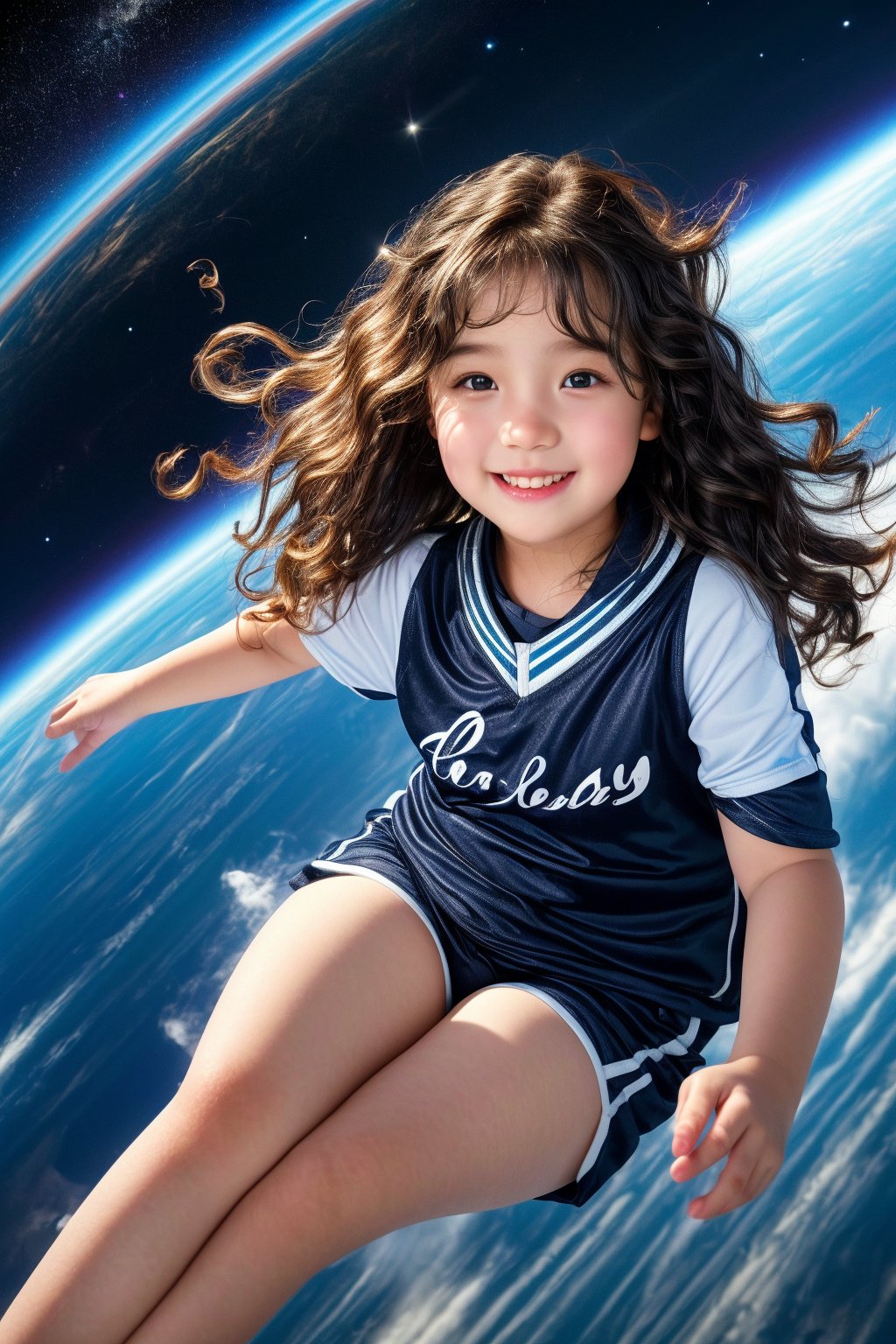 photorealistic,high detail,hyper quality,high resolution,solo,realistic,ultra resolution image,(Wavy hair:1.4),((a 10 years old cute girl)),chubby face,real skin,black_hair,smile,perfect light,sport uniform,full_body,(in the space,flying over the earth),wind,