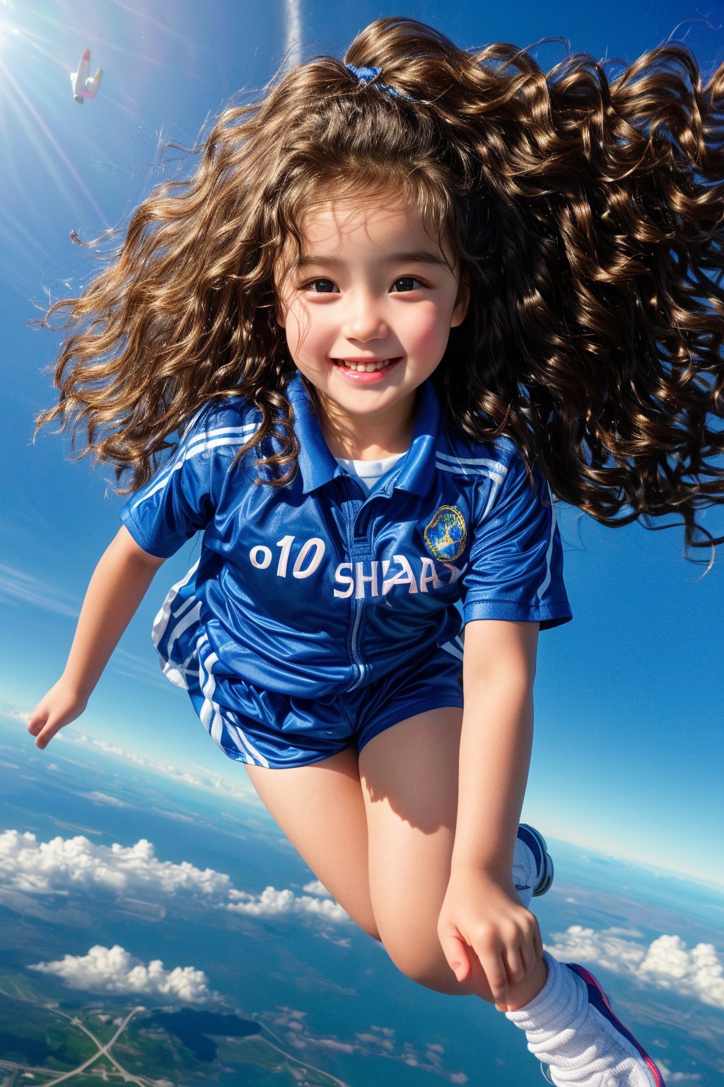 photorealistic,high detail,hyper quality,high resolution,solo,realistic,ultra resolution image,(Wavy hair:1.4),((a 10 years old cute girl)),chubby face,real skin,black_hair,smile,perfect light,sport uniform,full_body,(in the space,flying over the earth),wind,