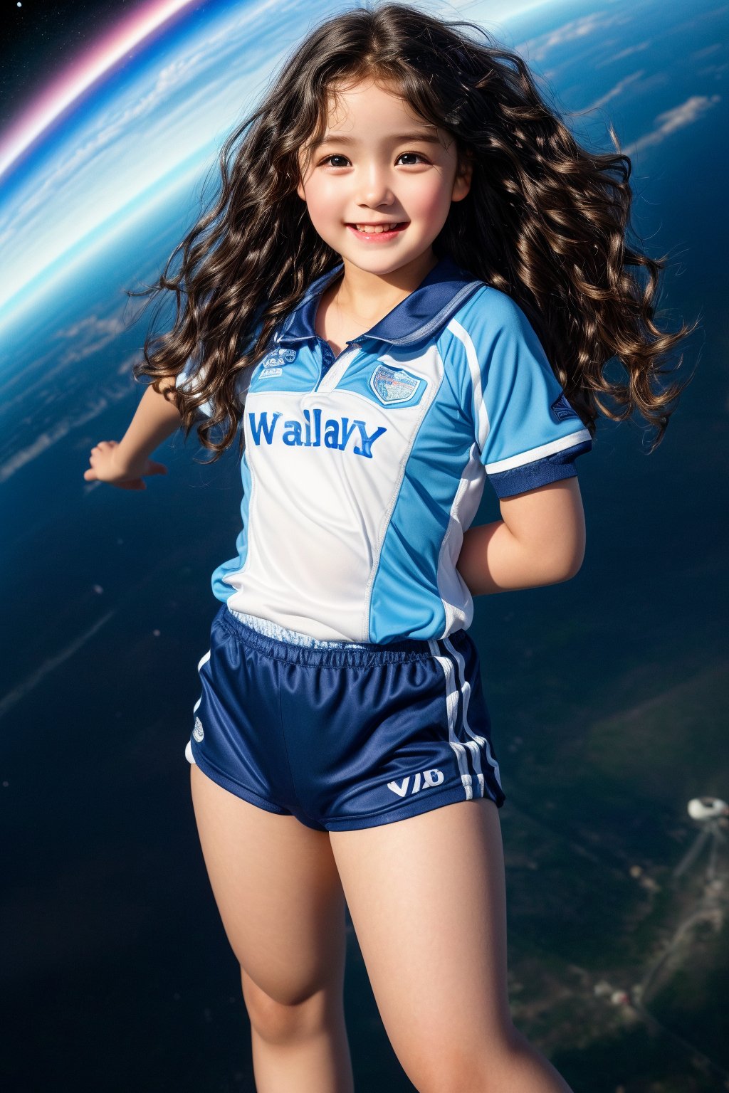 photorealistic,high detail,hyper quality,high resolution,solo,realistic,ultra resolution image,(Wavy hair:1.4),((a 10 years old cute girl)),chubby face,real skin,black_hair,smile,perfect light,sport uniform,full_body,(in the space,flying over the earth),wind,