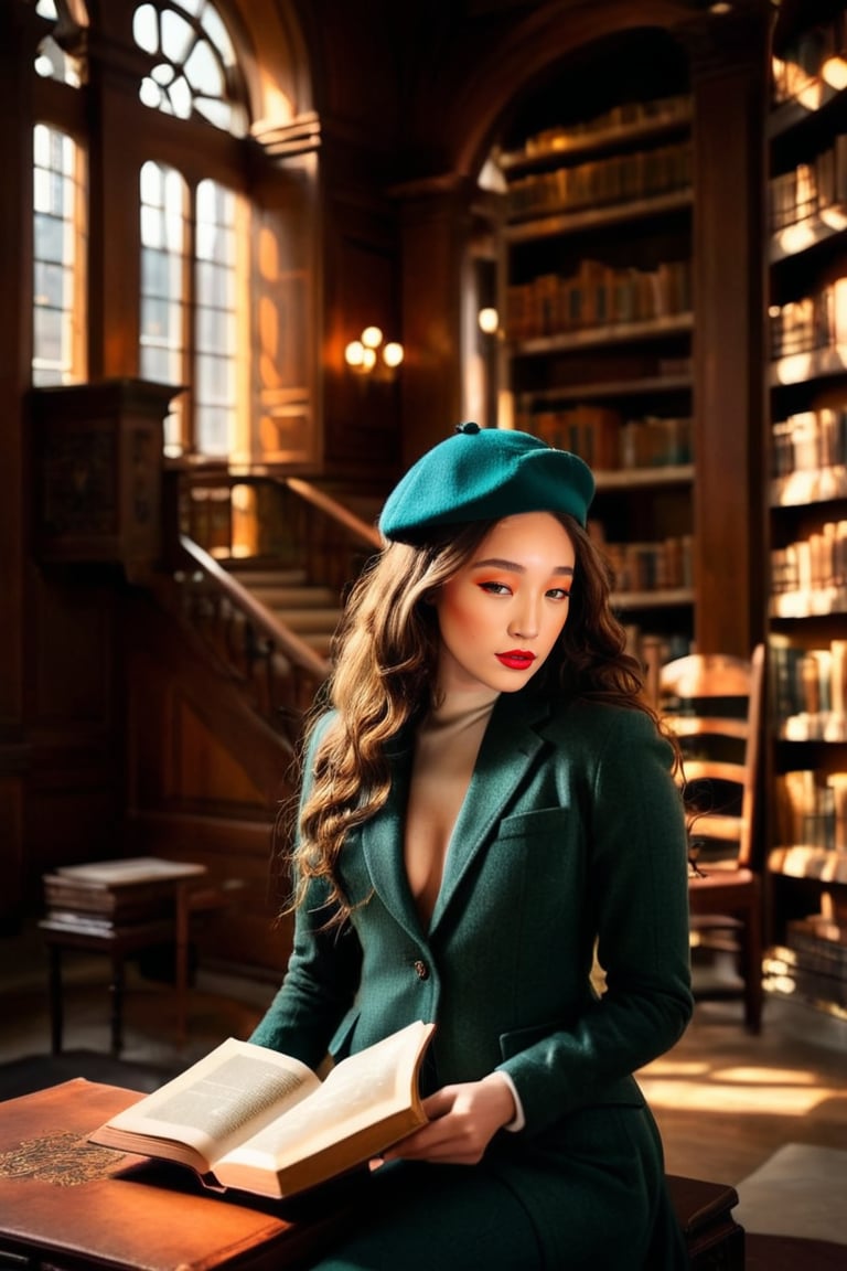 HQ photography, sharp focus, bokeh background, high contrast, In a serene, cinematic setting, a lovely, young woman, reminiscent of Angeline, sits reading a book in an antique university library, holding the book in her hands, looking at the book, Degas-like attention to detail captures every curl and curve of her body. In the background, an antique library full of books and ladders is bathed by the afternoon sun rays, creating a sense of depth and atmosphere. The overall effect is stunning, with cinematic flair, masterpiece, shines brightly on ArtStation, trending for all to admire.,dark academia outfit, orange teal color palette, tweed hat, tweed blazer, turtleneck, tweed skirt, Rembrandt Lighting Style,darkacademia,photorealistic