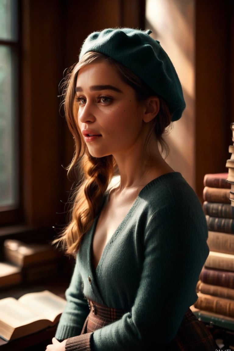 HQ photography, closeup portrait, sharp focus, bokeh background, high contrast, In a serene, cinematic setting, a lovely, young woman, reminiscent of Angeline, sits in an antique university library, Degas-like attention to detail captures every curl and curve of her body. In the background, an antique library full of books and ladders is bathed by the afternoon sun rays, creating a sense of depth and atmosphere. The overall effect is stunning, with cinematic flair, masterpiece, shines brightly on ArtStation, trending for all to admire.,dark academia outfit, brown grey teal color palette, knitted sweater dress, Rembrandt Lighting Style,darkacademia,photorealistic,shirt, collar shirt, tweed blazer, open blazer, plaid skirt, tweed pants, beret,Kodak Motion Picture Film Style,emclarke