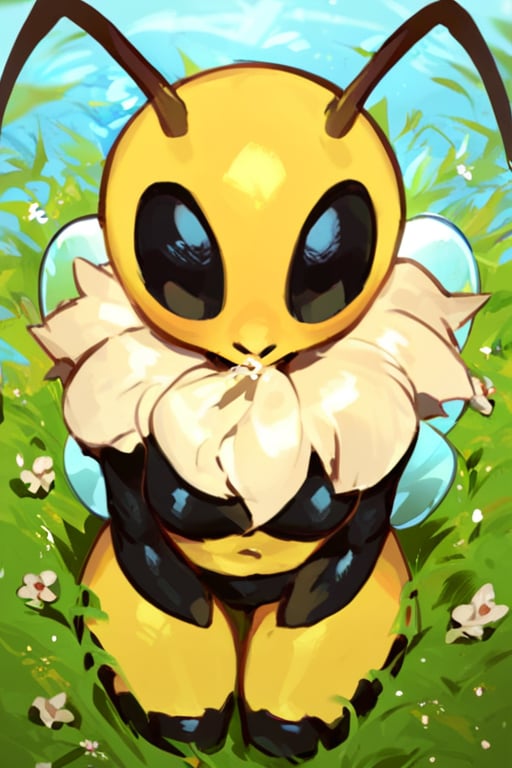 score_9, score_8_up, score_7_up,score_6_up,source_furry, arthropod girl,  , solo,antennae, vi_bee, in a grass field,  , wind blowing, portrait, front view,face close up, curvy,black eyes, water 