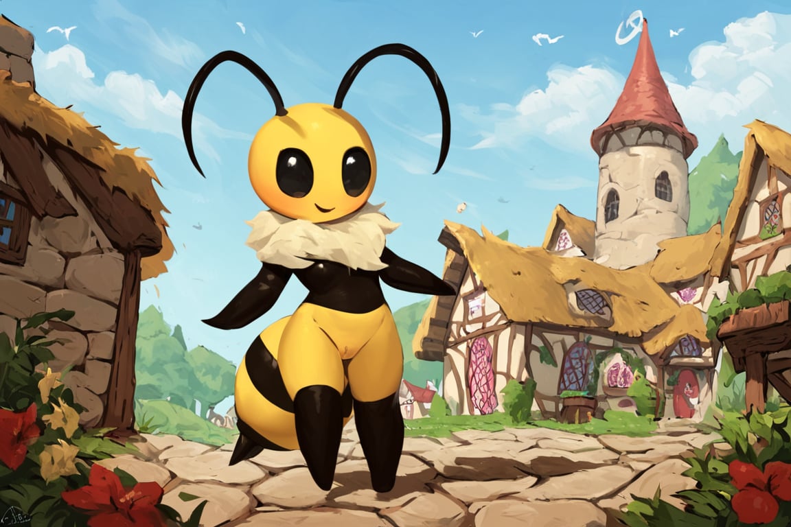 score_9, score_8_up, score_7_up, score_6_up, source_furry, arthropod girl, 1girl, solo, antennae, vi_bee, black eyes:1.1, BREAK
medieval village, detailed background, fantasy setting, old buildings, stone walls, wooden roofs,  (village square:1.1), outdoors, 
BREAK
digital painting, painting, artwork, cartoon style, cartoon_source