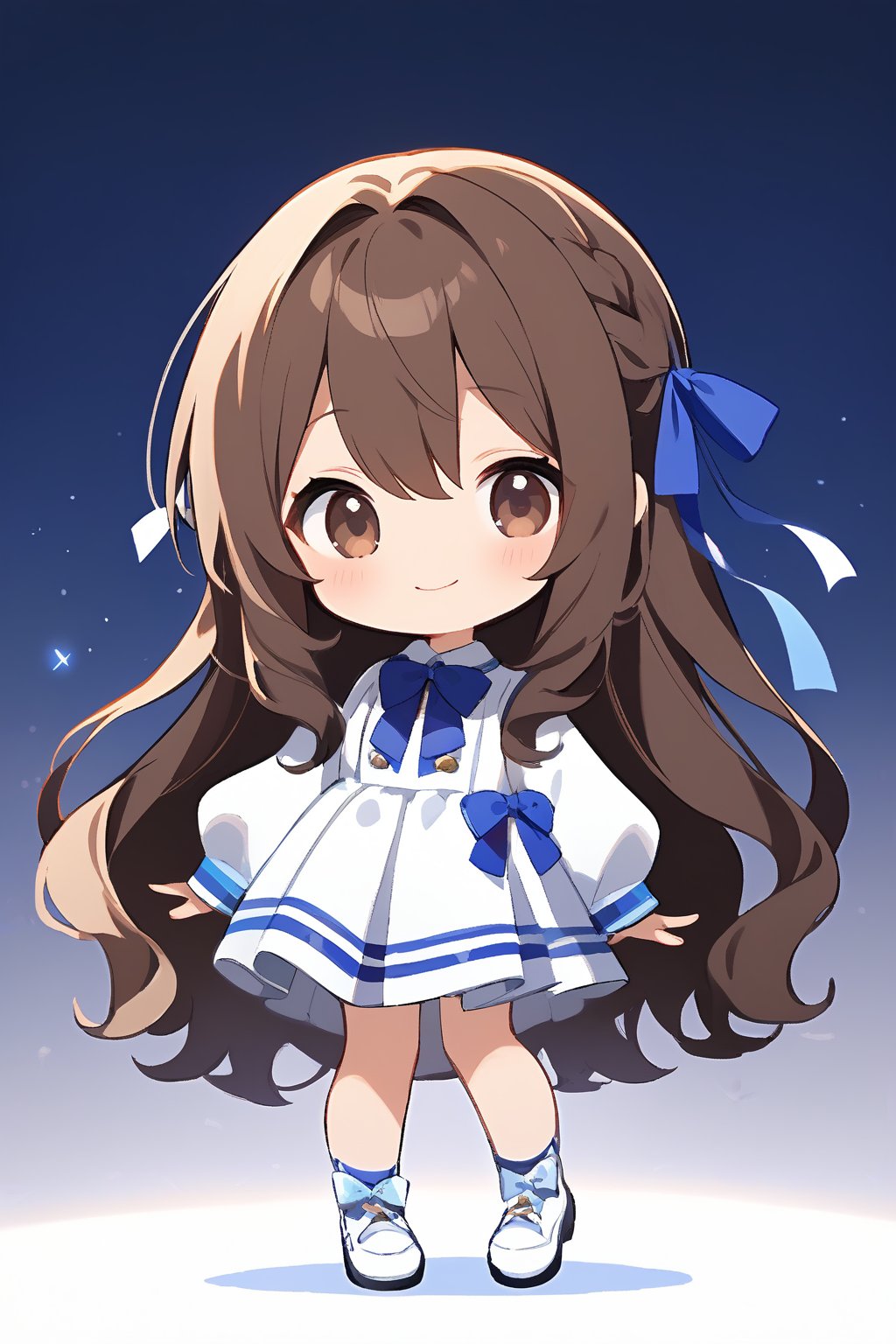 1girl, solo, long hair, looking at viewer, blush, smile, bangs, brown hair, long sleeves, dress, bow, ribbon, hair between eyes, brown eyes, very long hair, closed mouth, standing, full body, hair ribbon, braid, pleated skirt, shoes, puffy sleeves, chibi, white dress, sleeves past wrists, blue bow, hair intakes, white footwear, blue ribbon, puffy long sleeves, pleated dress