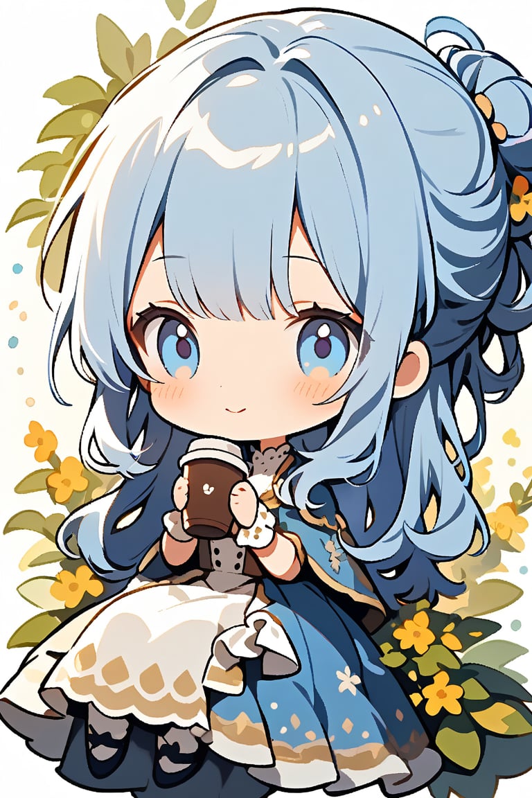 1girl, light blue hair, blue eyes, long hair, cute dress, elegant bun hairstyle, tender gaze, warmly facial expression, white background, holding a coffee cup, she’s a noblewoman. she is sitting. ((Chibi character))