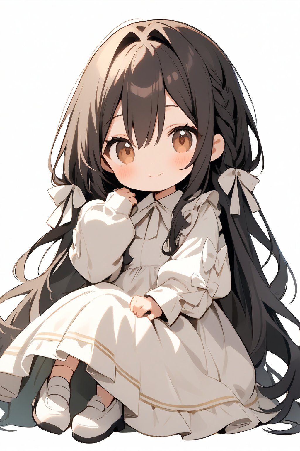 1girl, solo, long hair, looking at viewer, blush, smile, bangs, simple background, black hair, long sleeves, white background, dress, bow, hair between eyes, brown eyes, very long hair, closed mouth, full body, braid, frills, shoes, puffy sleeves, sitting, white dress, sleeves past wrists, hair intakes, white footwear, white bow, letterboxed, puffy long sleeves, pleated dress, Chibi character