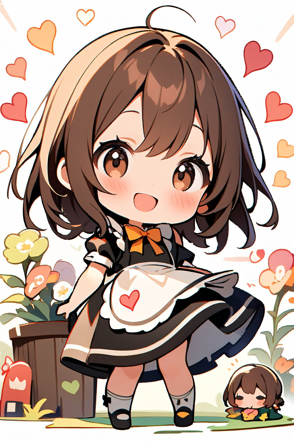 1girl, cute girl, chibi character, chibi. White background. she wears a fancy maid uniform, long brown hair. little body, full body character. masterpiece. she is happy, smiling. Himecut hairstyle, masterpiece, hearts on the sides. loooking at viewer. Blush, tender smile.