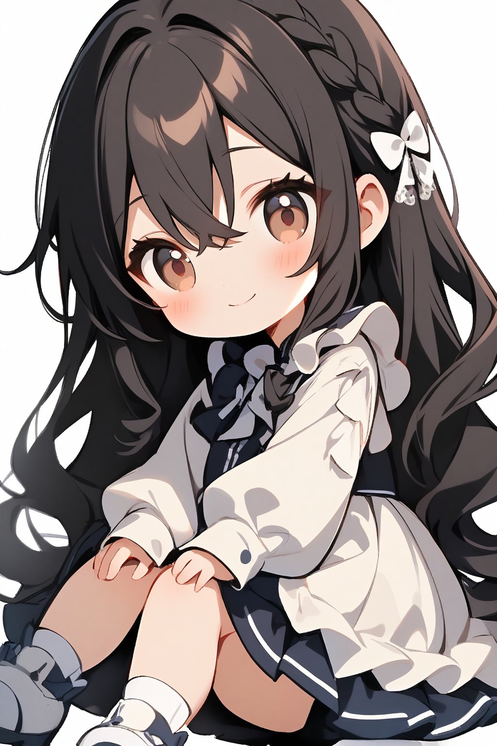 1girl, solo, long hair, looking at viewer, blush, smile, bangs, simple background, black hair, long sleeves, white background, dress, bow, hair between eyes, brown eyes, very long hair, closed mouth, full body, braid, frills, shoes, puffy sleeves, sitting, white dress, sleeves past wrists, hair intakes, white footwear, white bow, letterboxed, puffy long sleeves, pleated dress, Chibi character