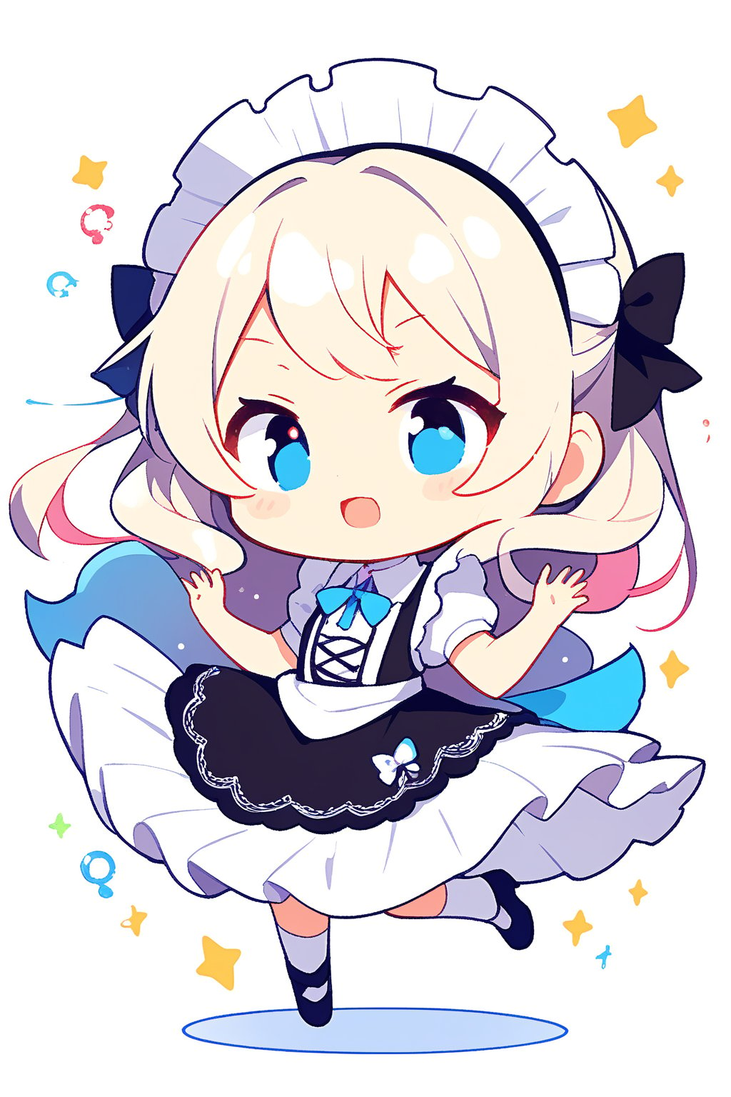 1girl, cute girl, white background, full body image, maid girl, mastepiece quality, dynamic pose, dymanic image, ((Chibi character))