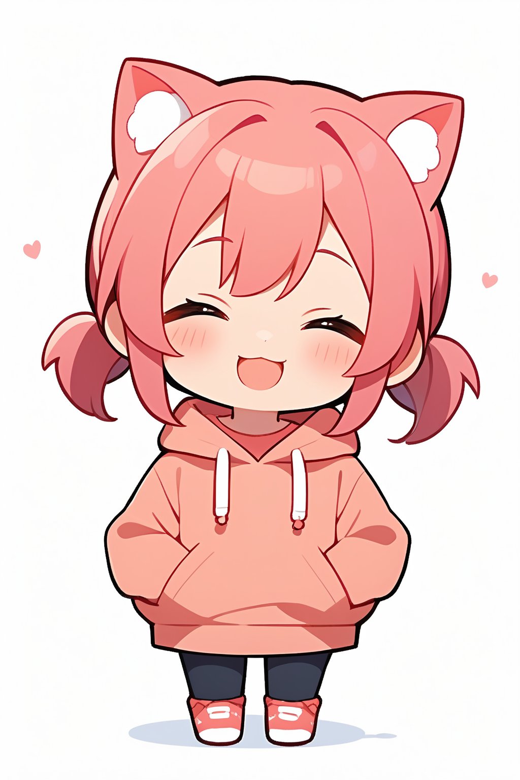 Cute girl, White background, full body image, cat girl, twintails hairstyle, pink hair, hands in waist, she's happy. Chibi character