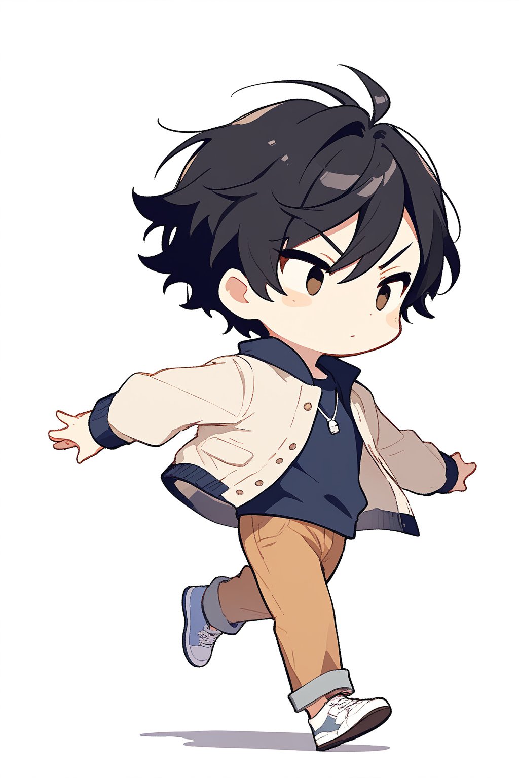 Chibi boy, White background, full body image, walking, cute chibi boy, casual clothes, short hairstyle, black hair, he's serious, dynamic pose.