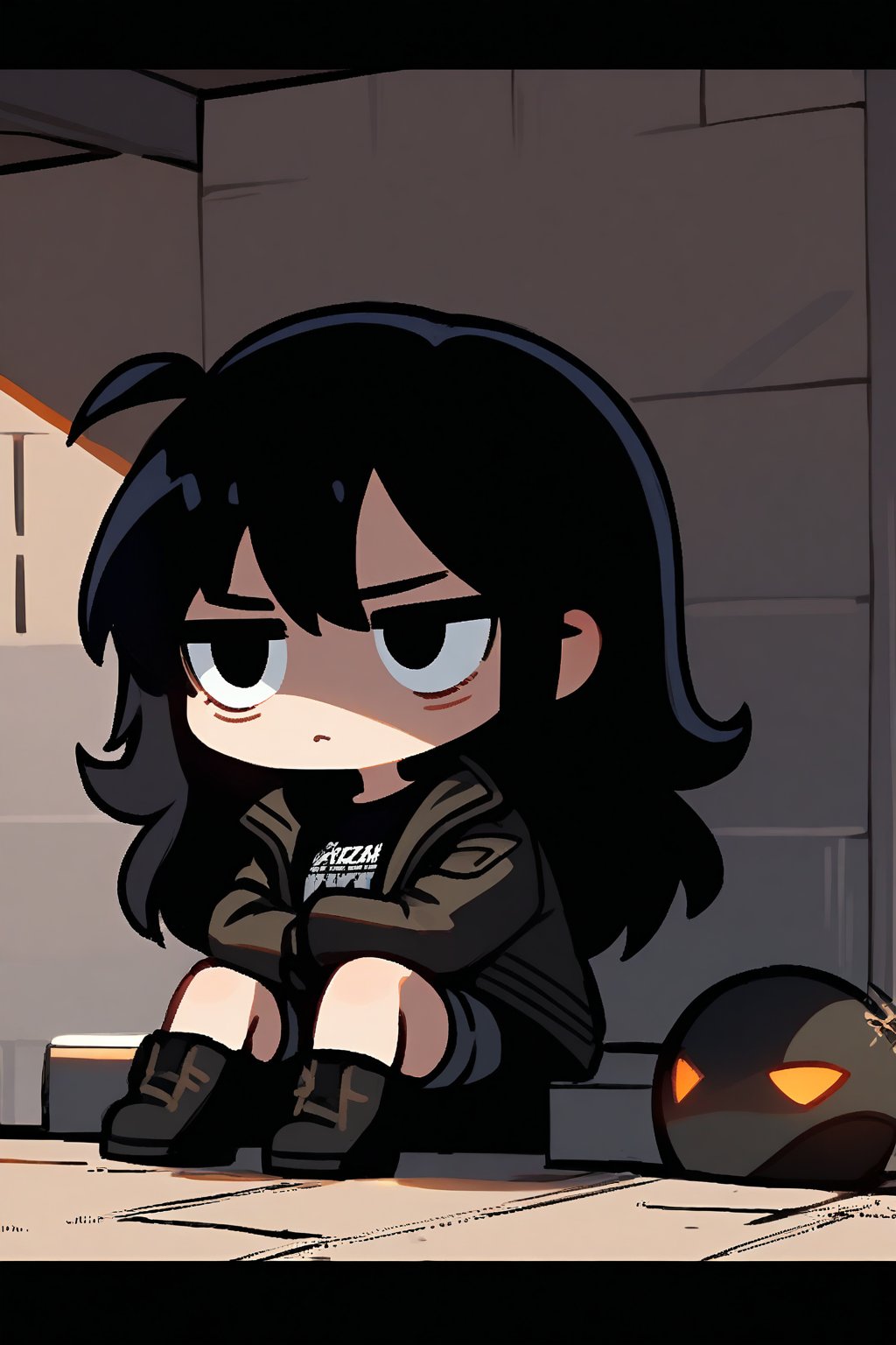 1girl, black hair, black eyes, long hair, badass outfit (shirt, jacket, dark sun lens, shorts, black boots), cold gaze, cold facial expression, wall in background, she’s a mercenary. girl in the foreground. Razor hanging from the leg. she is sitting. Chibi character