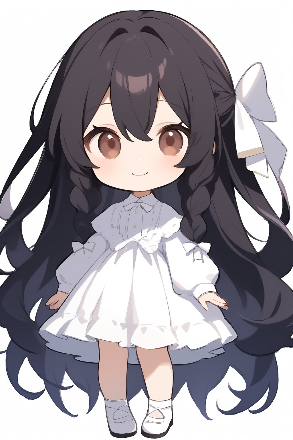 1girl, solo, long hair, looking at viewer, blush, smile, bangs, simple background, black hair, long sleeves, white background, dress, bow, hair between eyes, brown eyes, very long hair, closed mouth, full body, braid, frills, shoes, puffy sleeves, white dress, sleeves past wrists, hair intakes, white footwear, white bow, letterboxed, puffy long sleeves, pleated dress, ((Chibi character))