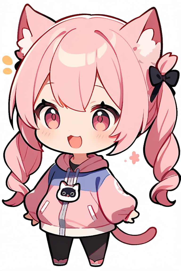 Cute girl, White background, full body image, cat girl, twintails hairstyle, pink hair, hands in waist, she's happy. Chibi character