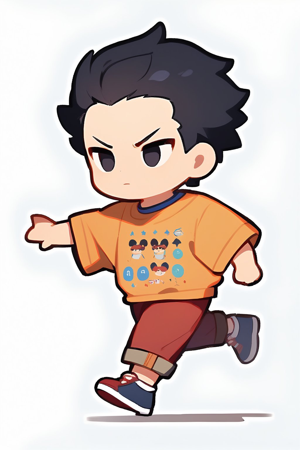 Chibi boy, White background, full body image, walking, cute chibi boy, casual clothes, short hairstyle, black hair, he's serious, dynamic pose.