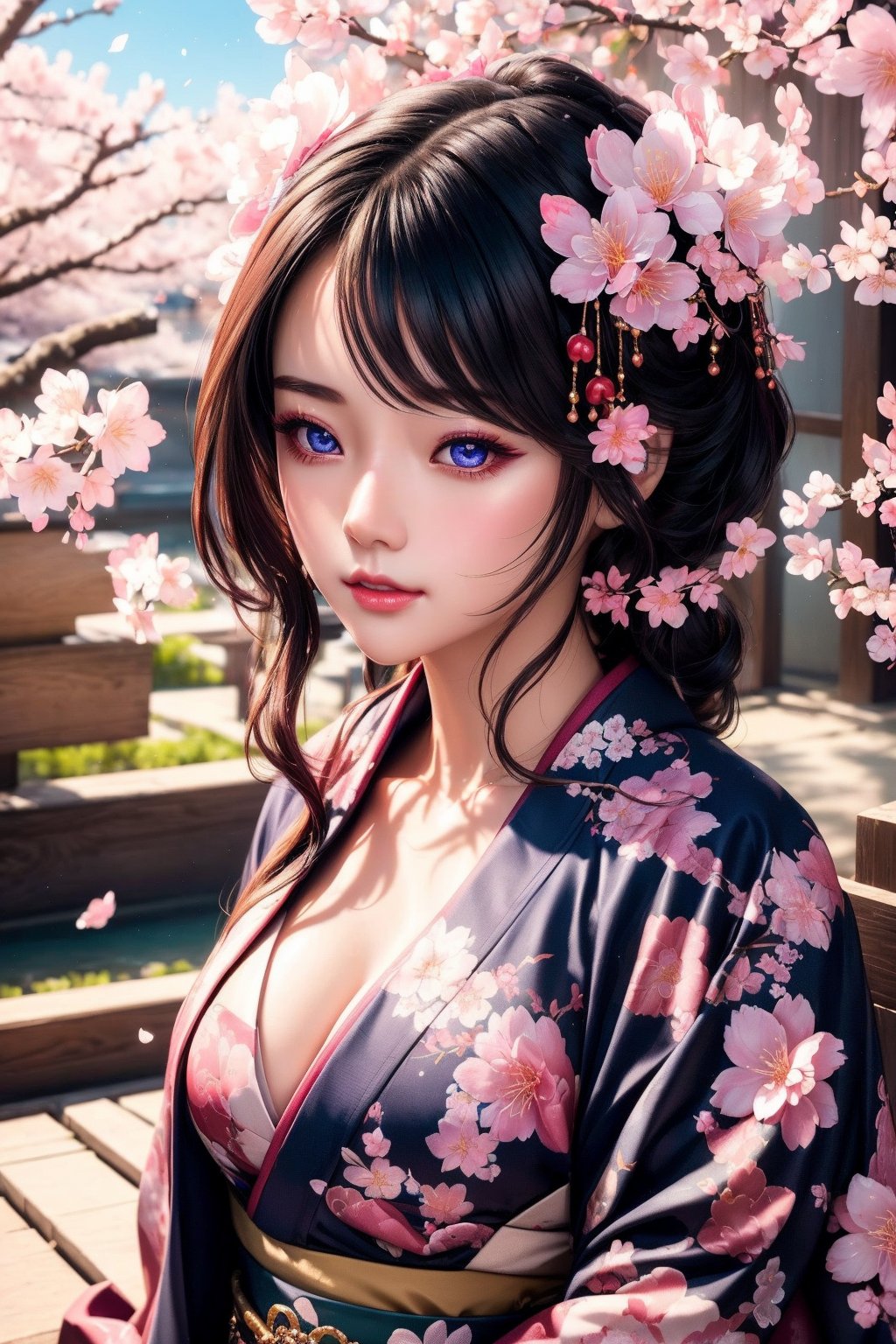 ((masterpiece: 1.2)), beautiful and aesthetic girl, ((1girl)), extreme detailed, highest detailed image, ((detailed eyes)), ((light particles)), kimono, jewelry, sexy, cherry blossom, cherry blossoms, mdeium shot.