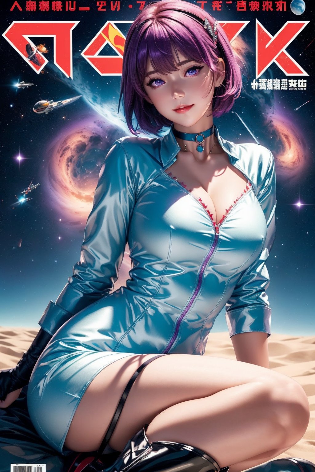 (masterpiece, best quality:1.2),
1girl,
(title:1.3),
(dynamic pose:0.7),
(magazine cover:1.3),
look at viewer,
(thigh:0.8),
(solo:1.5),
(cowboy shot),

Guweiz,
Friendly expression, 
purple eyes, 
short aqua hair, 
choker, 
hairclip, 
white-red dress, 
long sleeves, 
white-red boots, 
flying in space, 

