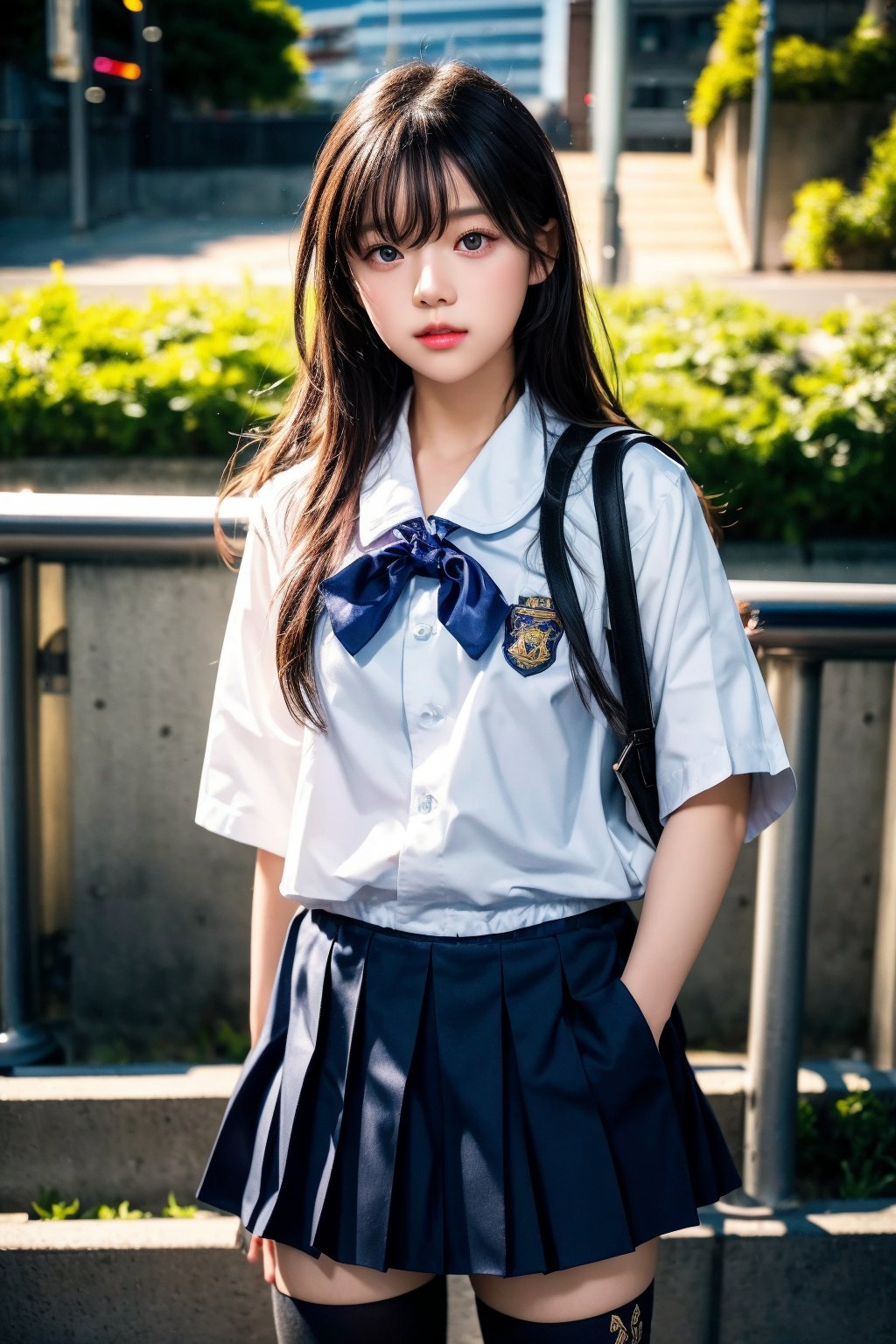 Ultra-realistic 8k CG,masterpiece,best quality,(photorealistic:1.4),HDR,absurdres,Professional,RAW photo,lens flare,(film grain:1.1),Bokeh,((Depth of field)),studio light,a young girl in a uniform while standing on steps with a railing in the background, 1girl, black_hair, long_hair, pleated_skirt, sailor_collar, serafuku, school_uniform, shoulder_bag, skirt, solo, stairs, Highly detailed,Professional,extreme detail description,skateboard park, tricks, (freestyle:1.2), (youth culture:1.1), concrete ramps, graffiti,blurry,