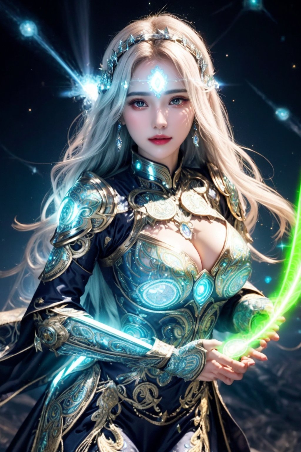 (goddess,venus,iron woman),busty,(Intricate luminous armor design:1.2),white plasma electromagnetic shield,crystal and silver entanglement,Star flash,(Persian Paisley clothes),glowing forehead