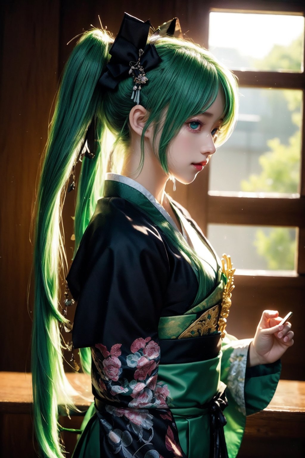 ((1 female)), Hatsune Miku, petite girl, full body, chibi, 3D figure little girl, green hair, twintails, beautiful girl with attention to detail, beautiful delicate eyes, detailed face, beautiful eyes, Japanese Warring States Period Samurai, Wearing Traditional Samurai Armor, Holding a Sword Poised, detail, dynamic beautiful pose, dynamic pose, gothic architecture, natural light, ((real)) Quality: 1.2 )), Dynamic Distance Shot, Cinematic Lighting, Perfect Composition, Super Detail, Official Art, Masterpiece, (Best) Quality: 1.3), Reflections, High Resolution CG Unity 8K Wallpaper , Detailed Background, Masterpiece, ( Photorealistic): 1.2), random angle, side angle, chibi, whole body, mikdef, indogirl