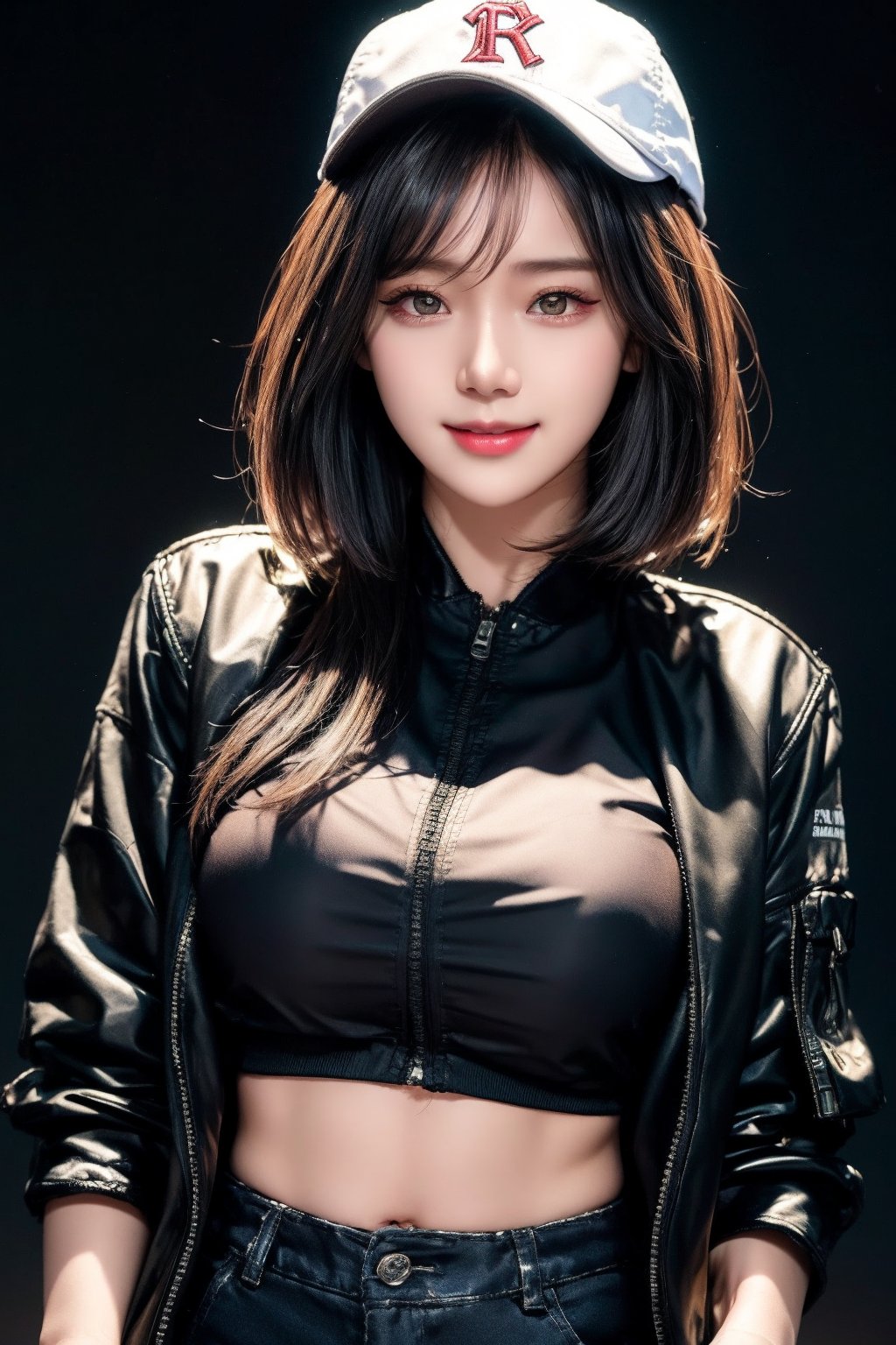 4k, best quality, masterpiece, 20yo 1girl, (cropped jacket),(demin pant), alluring smile, baseball cap, (Beautiful and detailed eyes), Detailed face, detailed eyes, double eyelids, thin face, real hands, muscular fit body, semi visible abs, ((short hair with long locks:1.2)), black hair, black background, real person, color splash style photo, IndoGirl
