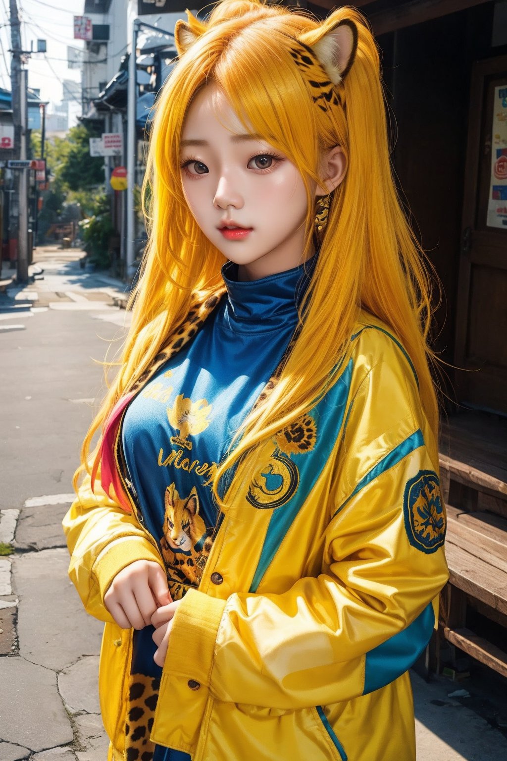 beautiful cute young attractive korean teenage girl, village girl, 18 years old, cute, Instagram model, long yellow_hair, colorful hair, warm, dacing, She is going for a walk with the cheetah, rainbow hair
