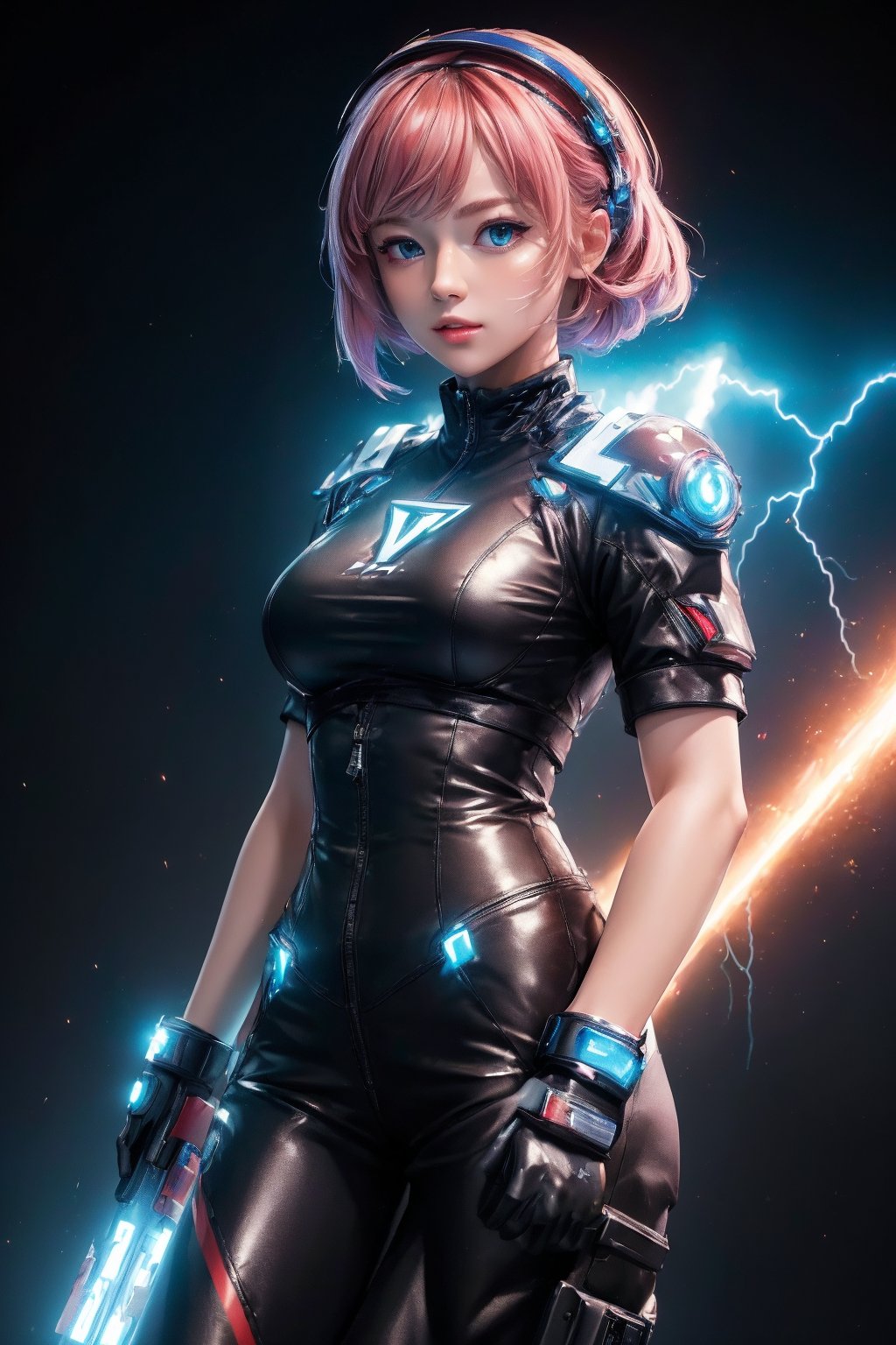 (masterpiece, high quality:1.5), (8K, HDR), masterpiece, best quality, 1girl, solo, upper body, FuturEvoLab style, black background, FuturEvoLab-girl, FuturEvoLabStyle:1.5, Thunder Flash, Lightning aura, Lightning, 