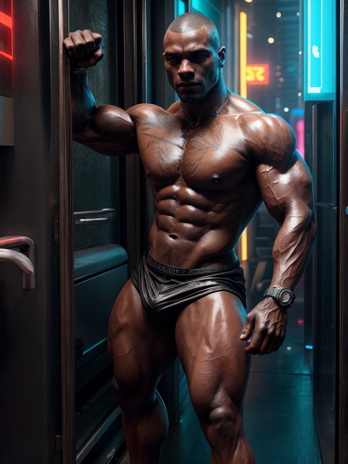 ultra realistic, unreal engine 5, anatomically correct, 1boy, shave head, dark skin, poseflex, cyberpunk, <lora:Add More Details:0.8> <lora:poseflexV2:1> 