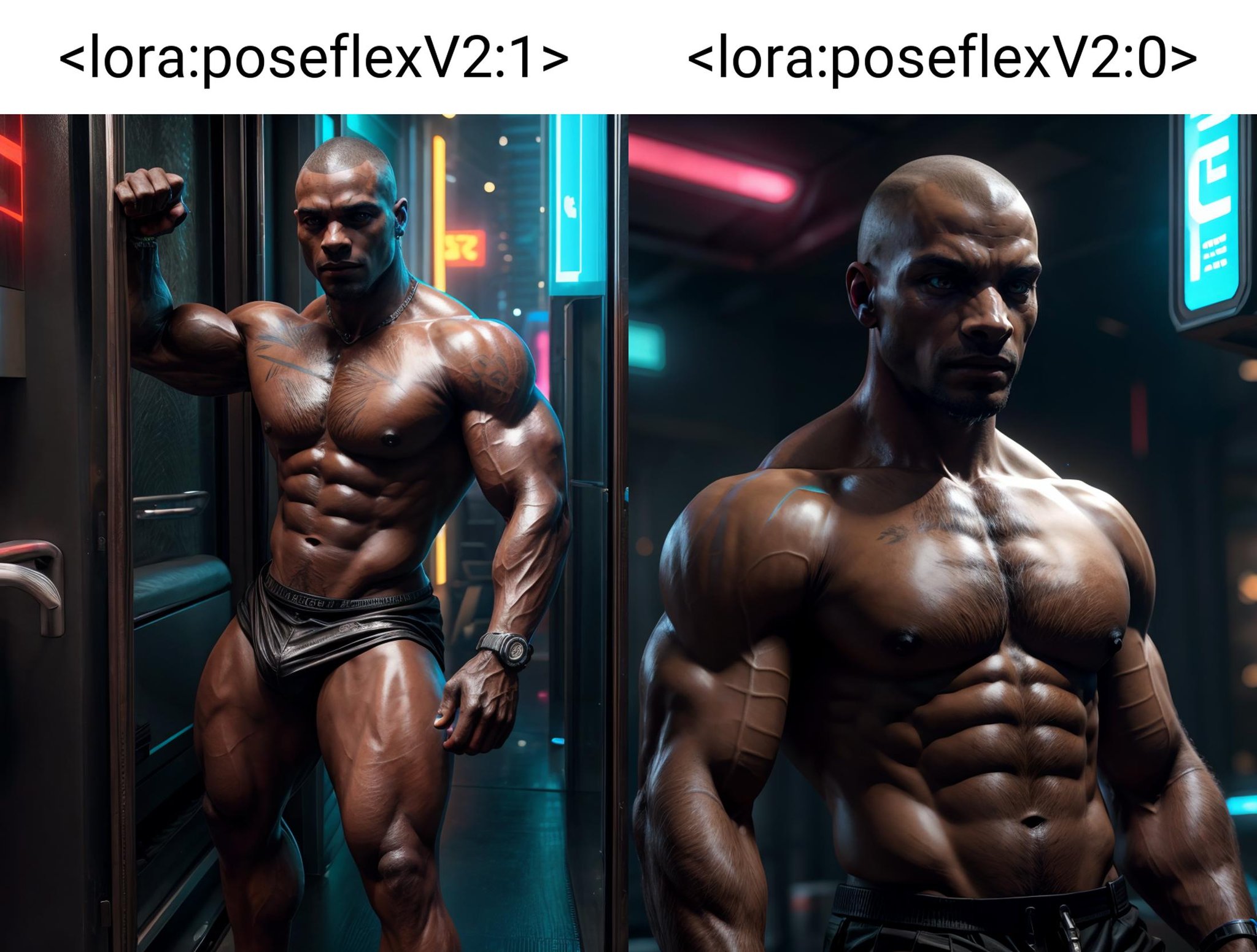 ultra realistic, unreal engine 5, anatomically correct, 1boy, shave head, dark skin, poseflex, cyberpunk, <lora:Add More Details:0.8> <lora:poseflexV2:1> 