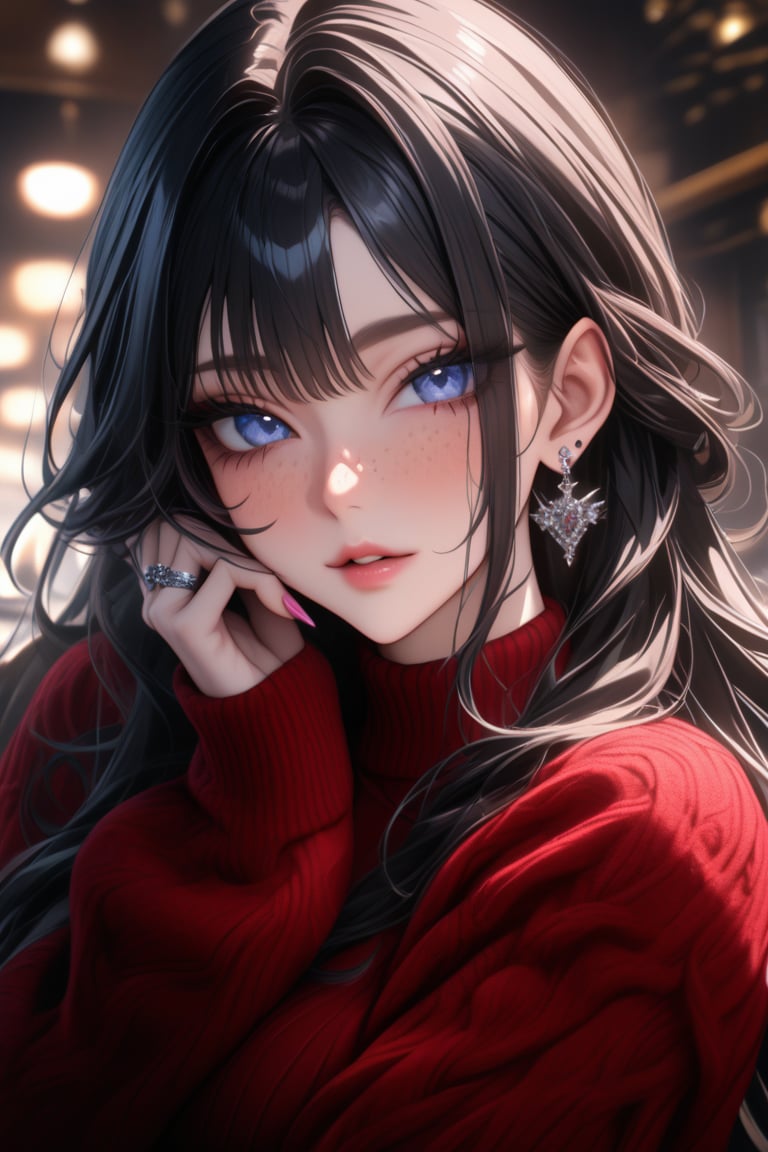 masterpiece, best quality, absurdres, very aesthetic, newest, 8k UHD, mature, close-up, 1girl, solo, perfect face, long hair, looking at viewer, blue eyes, black hair, long sleeves, jewelry, earrings, parted lips, nail polish, sweater, fingernails, sleeves past wrists, eyelashes, ring, pink nails, hand on own face, freckles, niji6
